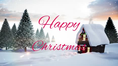 Animation-of-christmas-greetings-text-and-snow-falling-over-christmas-house-in-winter-scenery