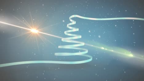 Animation-of-christmas-tree-and-shooting-star-with-snow-falling-on-blue-background