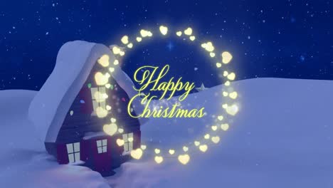 Animation-of-christmas-greetings-text-in-fairy-lights-frame-over-christmas-winter-scenery