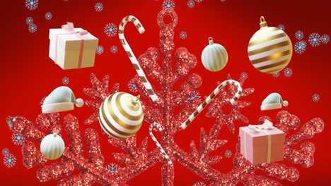 Animation-of-christmas-decorations-and-snowflake-on-red-background