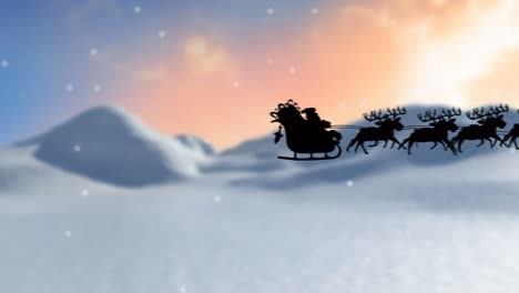 Animación-De-Nieve-Cayendo-Sobre-Santa-Claus-En-Trineo-Con-Renos-Y-Paisajes-Navideños-De-Invierno
