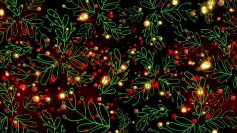 Animation-Des-Musterdesigns-Grüner-Blätter-über-Roten-Lichtfunken,-Die-Vor-Schwarzem-Hintergrund-Schweben