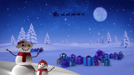 Animation-of-santa-claus-in-sleigh-with-reindeer-over-christmas-presents-and-snowmen
