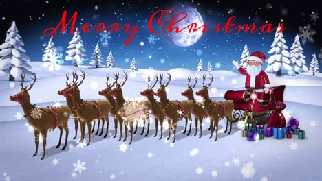 Animation-of-christmas-greetings-text-and-snow-falling-over-santa-claus-with-reindeer