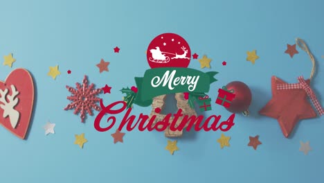Animation-of-merry-christmas-text,-santa-riding-sleigh,-wooden-tree,-snowflakes-and-decorations