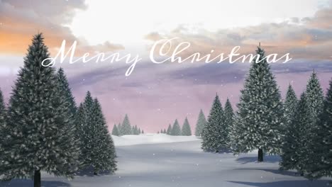 Animation-Von-Weihnachtsgrüßen-Und-Schnee,-Der-über-Die-Winterlandschaft-Fällt