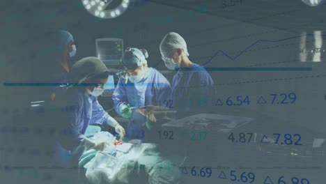Animation-of-stock-market-data-processing-over-team-of-surgeons-performing-surgery-at-hospital