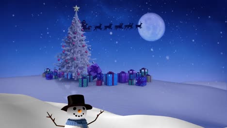 Animation-of-snow-falling-in-winter-scenery-over-santa-claus-in-sleigh,-christmas-tree-and-snowman