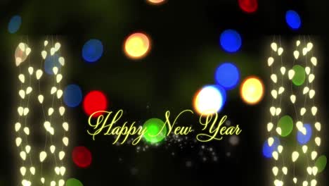 Animation-of-glowing-fairy-lights-over-new-year-greetings-text