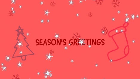 Animation-of-snow-falling,-christmas-greetings-text-over-christmas-decorations