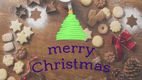 Animation-of-christmas-greetings-text-over-christmas-cookies-and-decorations
