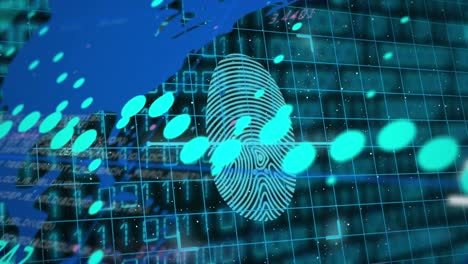 Animation-of-biometric-fingerprint,-binary-coding-and-data-processing-over-world-map