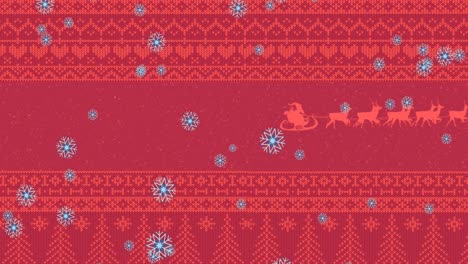 Animation-of-snow-falling-over-christmas-pattern-on-red-background