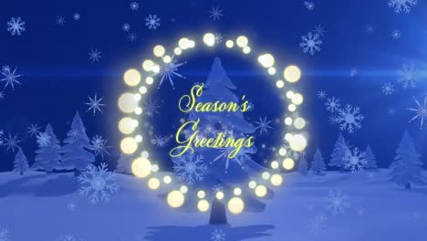 Animation-of-christmas-greetings-text-with-fairy-lights-over-winter-scenery
