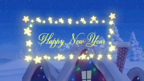 Animation-of-happy-new-year-greetings-text-with-fairy-lights-over-winter-scenery