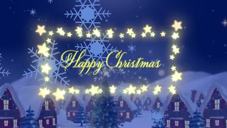 Animation-of-christmas-greetings-text-with-fairy-lights-over-winter-scenery