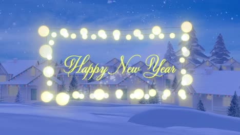Animation-of-happy-new-year-greetings-text-in-fairy-lights-frame-over-christmas-winter-scenery