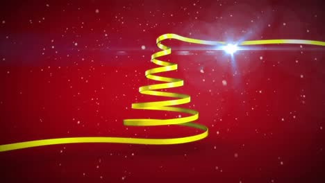 Animation-Von-Weihnachtsbaum-Und-Schnee,-Der-Auf-Roten-Hintergrund-Fällt