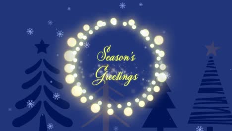Animation-of-christmas-greetings-text-in-fairy-lights-frame-over-christmas-winter-scenery