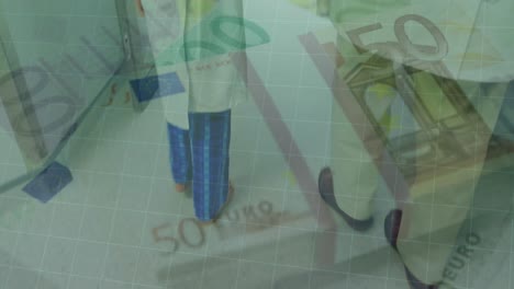 Animation-of-euro-bills-over-caucasian-male-doctor-and-boy-holding-hands-and-walking-in-hospital