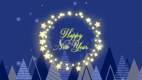 Animation-of-happy-new-year-greetings-text-in-fairy-lights-frame-over-christmas-winter-scenery