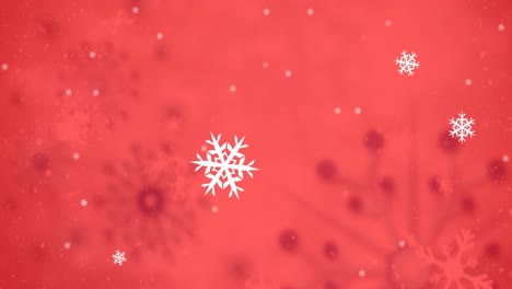 Animación-De-Nieve-Cayendo-Sobre-Un-Patrón-Navideño-Sobre-Fondo-Rojo.