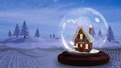 Animation-Von-Schnee,-Der-In-Der-Winterlandschaft-über-Weihnachtsschneeball-Mit-Haus-Fällt