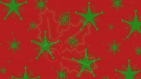 Animation-of-christmas-decorations-with-holly-and-green-snowflakes-on-red-background