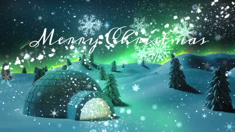 Animation-of-christmas-greetings-text-and-snow-falling-over-shooting-star-in-winter-scenery