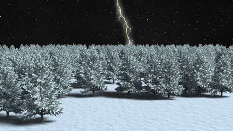 Animation-Von-Schnee,-Der-über-Beleuchtung-Und-Weihnachtsbäume-In-Einer-Winterlandschaft-Fällt