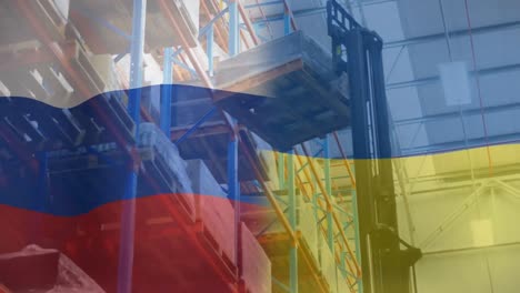 Animation-Der-Flagge-Russlands-Und-Der-Ukraine-über-Dem-Lagerhaus