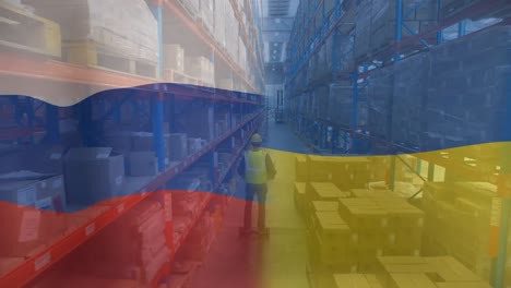 Animation-of-flag-of-russia-and-ukraine-over-caucasian-male-worker-in-warehouse