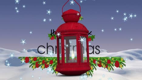 Animation-of-christmas-greetings-text-and-red-lantern-decorations-with-snow-falling