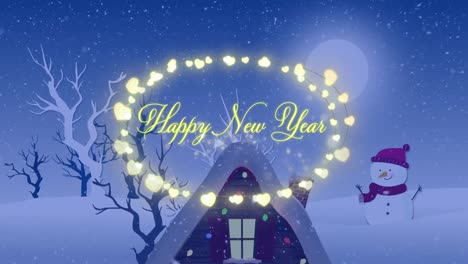 Animation-Eines-Frohen-Neujahrsgrußtextes-Im-Rahmen-Mit-Lichterketten-über-Der-Weihnachtlichen-Winterlandschaft
