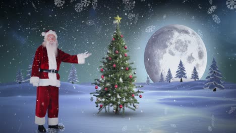 Animation-of-snow-falling-and-santa-claus-over-christmas-tree-in-winter-scenery