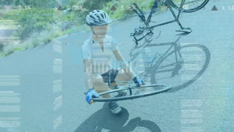Animation-of-icons-and-data-processing-over-female-cyclist-fixing-bike