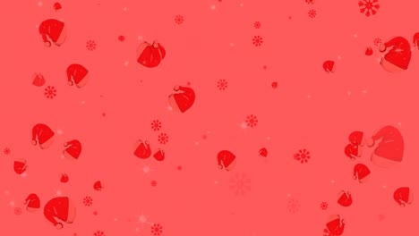 Animation-of-snow-and-santa-hats-falling-over-christmas-red-background