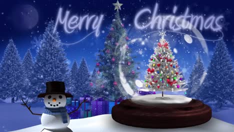 Animation-of-merry-christmas-text-snow-falling-over-christmas-snow-ball-with-snowman