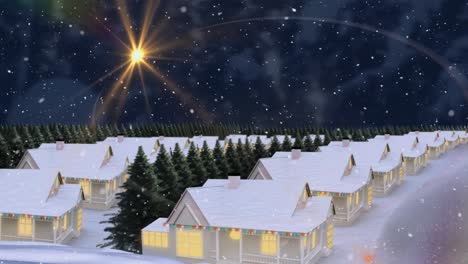 Animation-of-light-spot-and-snow-falling-over-multiple-trees-and-house-icons-on-winter-landscape