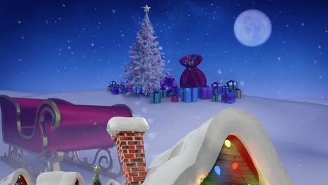 Animation-of-pulsating-rays-over-santa-claus-sleigh-and-christmas-tree-in-winter-scenery