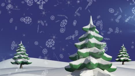 Animation-of-snowflakes-falling-over-trees-on-winter-landscape-on-blue-background-with-copy-space