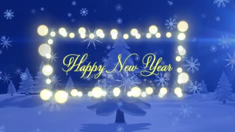 Animation-of-happy-new-year-greetings-text-with-fairy-lights-over-winter-scenery