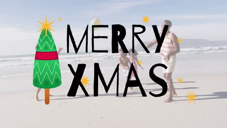 Animation-of-merry-xmas-over-happy-african-american-family-on-beach