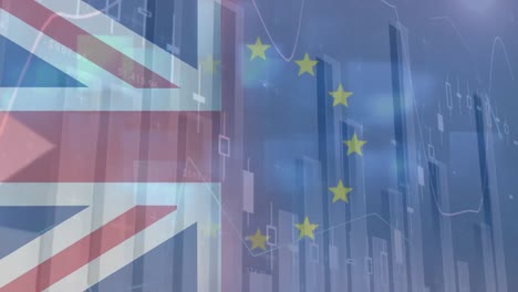 Animation-Der-Datenverarbeitung-über-Flaggen-Der-Europäischen-Union-Und-Des-Vereinigten-Königreichs
