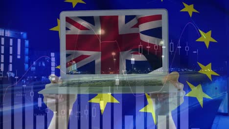 Animation-of-data-processing-over-flag-of-eu-and-united-kingdom