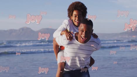 Animation-of-christmas-greetings-text-over-african-american-with-son-on-beach