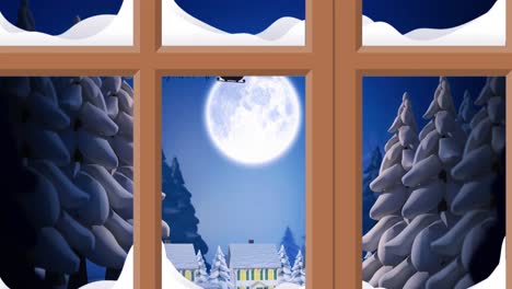 Animation-Der-Weihnachtlichen-Winterlandschaft-Und-Des-Weihnachtsmanns-Im-Schlitten,-Gesehen-Durch-Das-Fenster