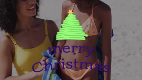 Animation-of-christmas-greetings-text-over-african-american-mother-with-daughter-on-beach