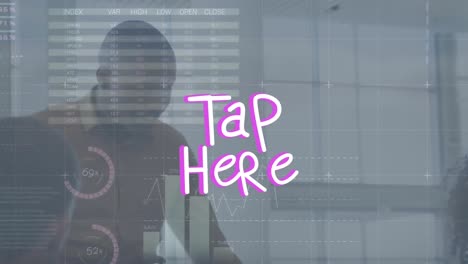 Animation-of-tap-here-text-and-data-processing-over-diverse-business-people