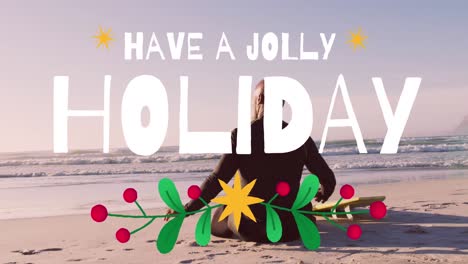 Animation-of-christmas-greetings-text-over-senior-african-american-man-on-beach